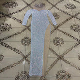 High Neck Long Sleeve Rhinestone Maxi Bodycon Dress